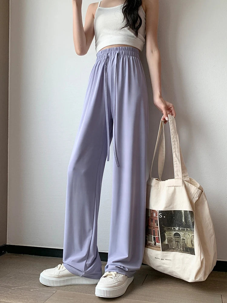 Summer Thin Ice Silk Sun Protection Pants Women Y2K High Waist Loose Wide Leg Trousers Solid All-Match Simple Straight Pants voguable