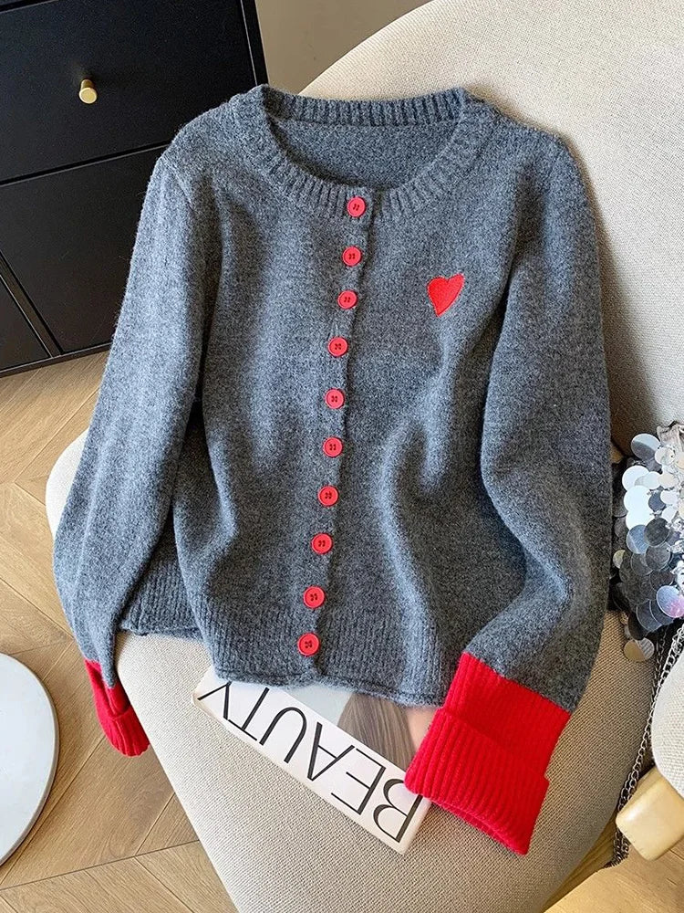 Vintage Love Print Cardigan Women Lazy Wind Patchwork Long Sleeve Knitted Sweaters Casual O Neck Fall Retro Korean Female Tops voguable