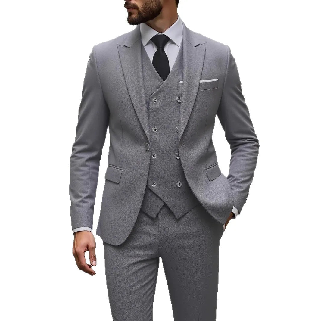 Voguable  Dark Grey High Quality Men Suits Slim Fit Single Breasted Peak Lapel Elegant Groom 3 Piece Jacket Pants Vest Male Sets voguable