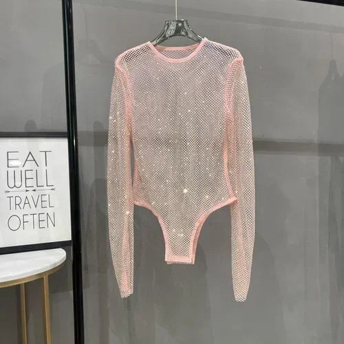 Voguable  Sexy Mesh Hollowed Out Jumpsuit T-shirt Rhinestone Round Neck Tight See-through One-piece Bottoming Shirt Ms voguable