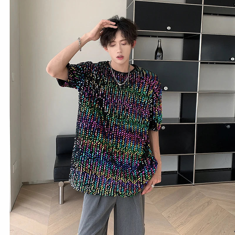 Voguable Colorful Sequin Design Personality Trendy Short Sleeved T-shirts Summer New Original Fashion High Street Men Tops voguable