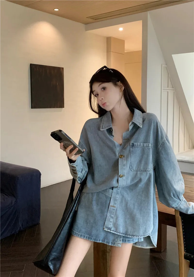 Voguable 2024 Spring New Streetwear Distressed Loose Casual Denim Long-sleeved Shirt Women + Asymmetric Sexy A-line Skirt Two-piece Suit voguable