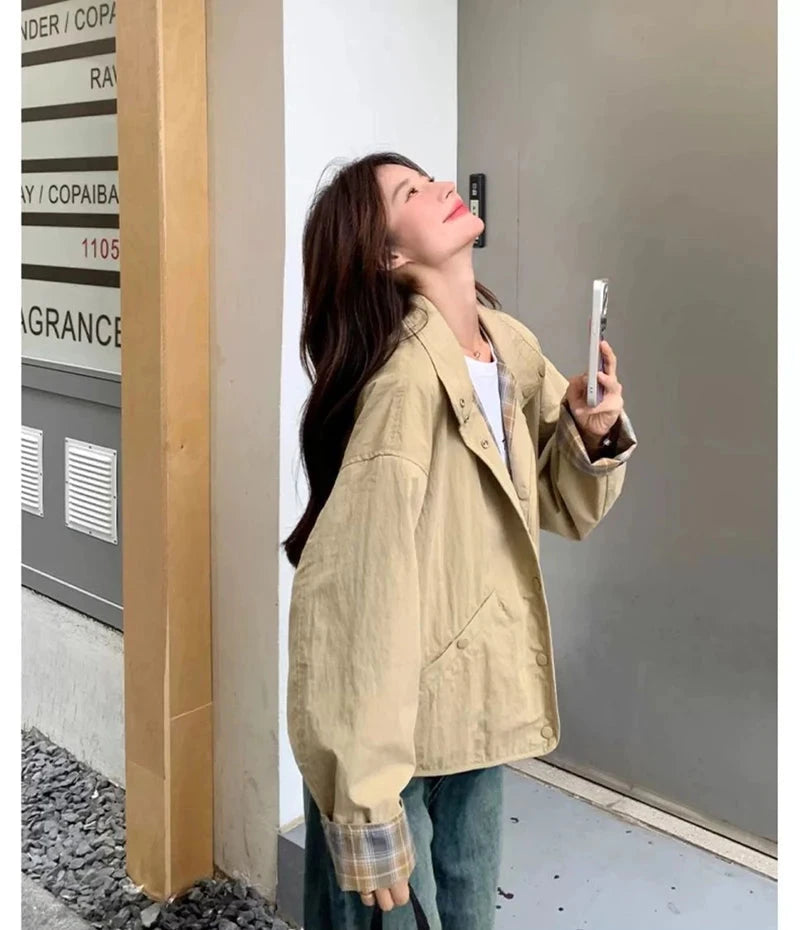 Vintage Plaid Cargo Jacket Women Retro Double Sided Wear Preppy Style Sweet Coat Korean Fall Winter Long Sleeve Pockets Top voguable