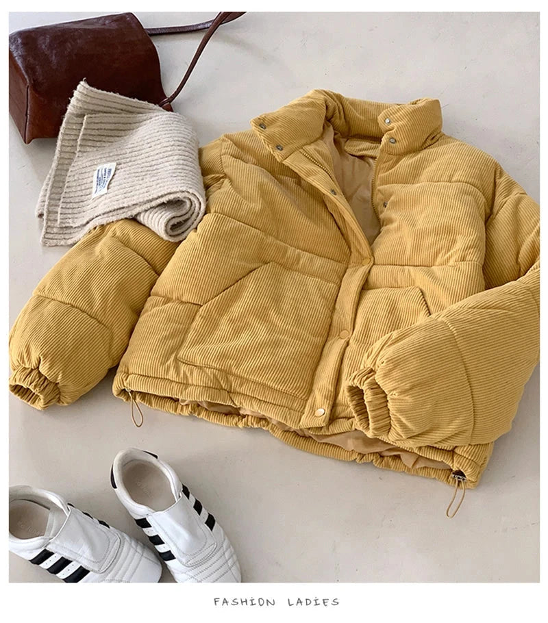 Women Sweet Corduroy Parkas Warm Long Sleeve Retro Stand Collar Cotton Coat Winter Thick Casual Preppy Style Korean Jacket voguable