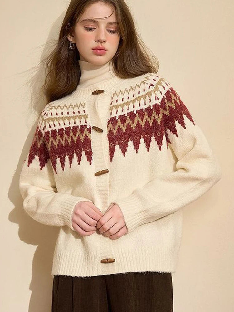 American Christmas Red Cardigan Women Vintage Lazy Wind Sweet Knitted Sweater Casual O Neck Long Sleeve Retro Harajuku Tops New voguable