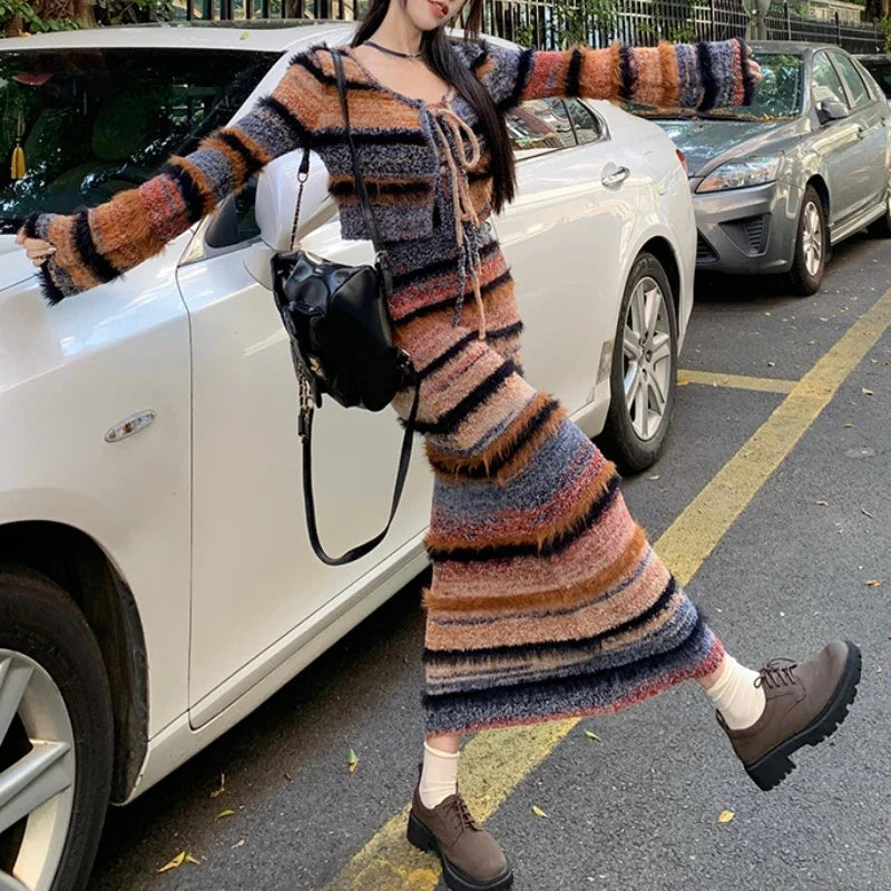 Voguable Autumn New Streetwear Lace Up Sexy Long-sleeved Cardigan Women + Contrast Color Striped Knit Sling Dress Two-piece Suit voguable