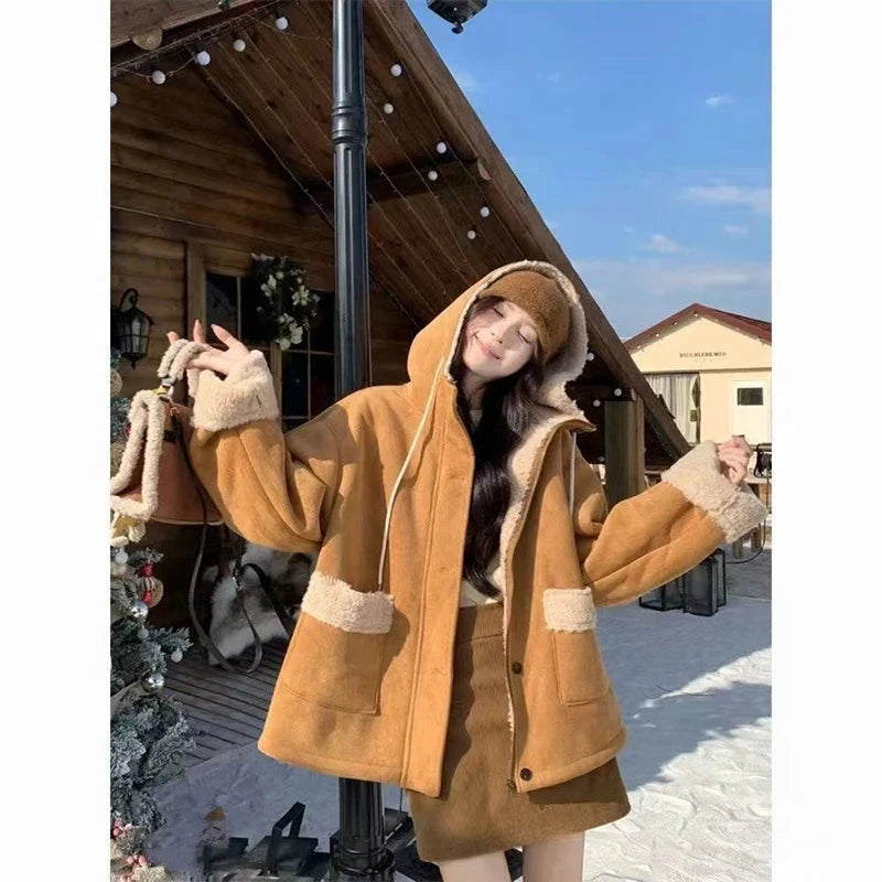 Y2K Streetwear Faux Lamb Suede Jacket Women Vintage Winter Long Sleeve Hooded Coat American Retro Loose Lady Pockets Warm Tops voguable