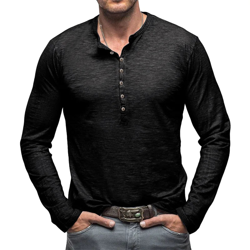 Spring Autumn Fashion Round Neck Long Sleeve Solid T-Shirts Men's Clothing Button Bottoming Shirt Korean Casual All-match Tops voguable