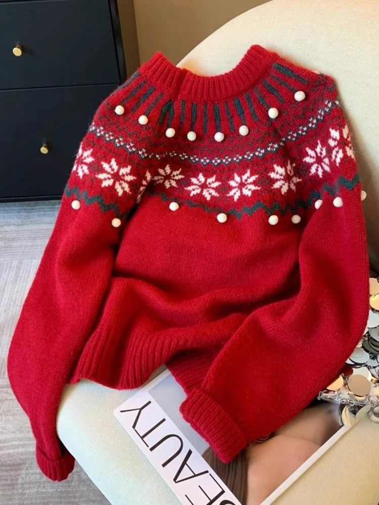 Sweet Print Christmas Red Sweater Women Cute O Neck Vintage Knitted Jumper Casual Korean Lady Fall Winter Preppy Style Loose Top voguable
