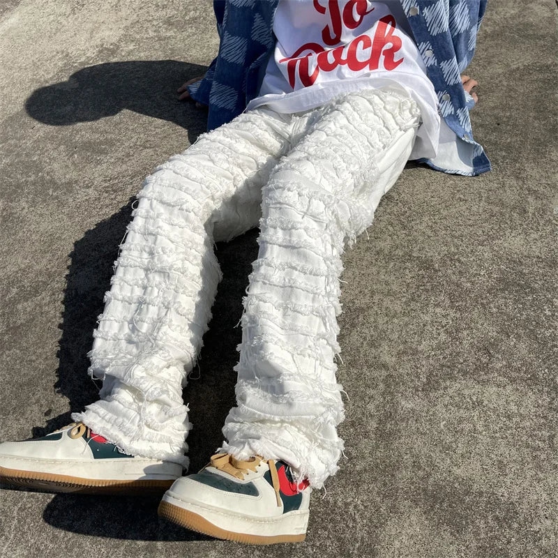 White Hip Hop Jeans Striped Tassel Frayed Straight Baggy Jeans Pants Harajuku Male Female Solid Streetwear Casual Denim Trousers voguable