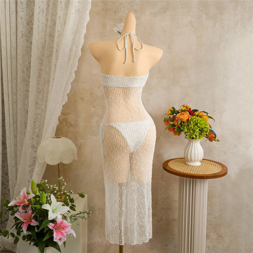 Voguable  Solid White Holiday Mesh Long Dress Swimwear Sexy Bikinis Sets Micro Thong Swimsuit Woman Metal Sun Sequin Bikini Beachwear voguable