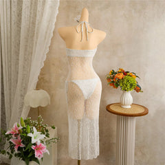 Voguable  Solid White Holiday Mesh Long Dress Swimwear Sexy Bikinis Sets Micro Thong Swimsuit Woman Metal Sun Sequin Bikini Beachwear voguable