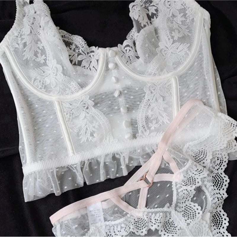 Voguable  2024 New Sexy Lace Woman Transparent Bra Tops Sweet White Bralette Vest Corset Brss Comfortable Intimates Fashion Sets Design voguable