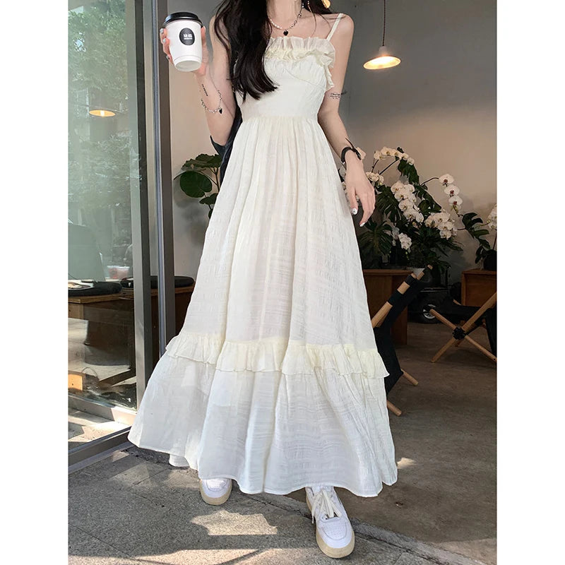 Vintage Ruffle Dress Women Korean Solid Sweet Elegant Preppy Midi Dress Summer Casual Sleeveless Spaghetti Straps A Line Dress voguable
