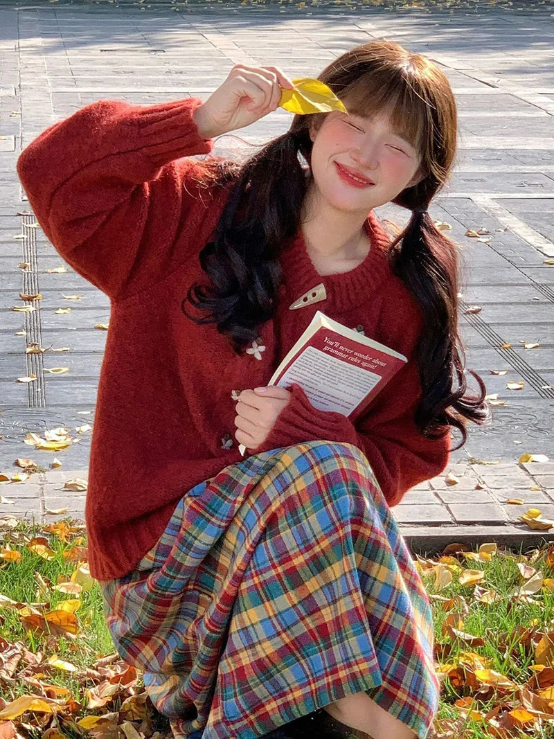 Christmas Red Sweet Cardigan Women Vintage Preppy Style Japan Knitted Sweater Casual Lazy Wind Female Fall Winter Tops New voguable