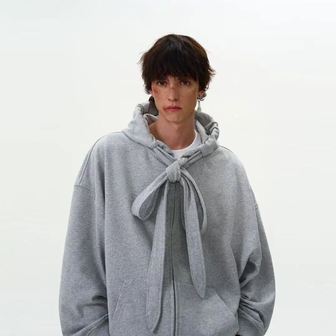 American solid strap design hooded sweatshirt cardigan men's autumn winter new coat couple tops loose versatile jacket voguable