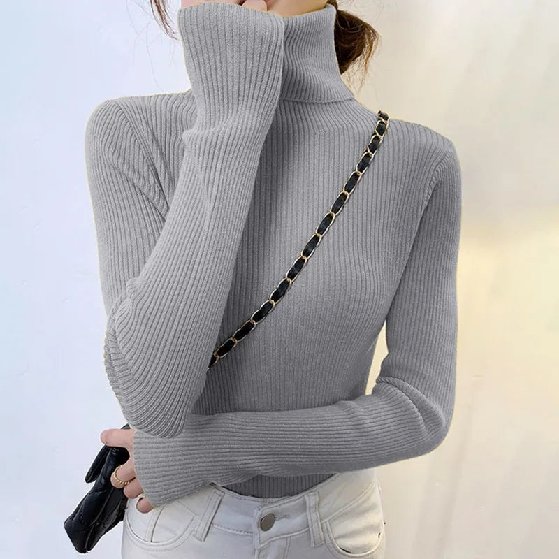 Elegant Solid Basic Knitted Tops Women Turtlneck Sweater Long Sleeve Casual Slim Pullover Korean Fashion Simple Chic Clothes voguable