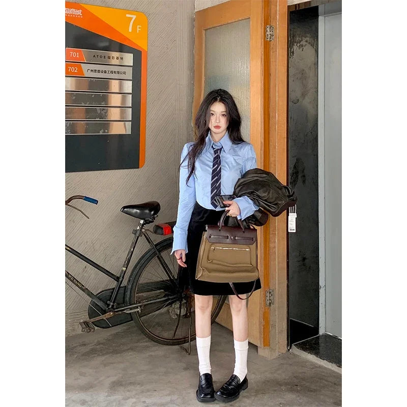 Streetwear Tie Shirts Women Preppy Jk White Long Sleeve Crop Tops Student Korean College Slim Blouses Spring Autumn New voguable