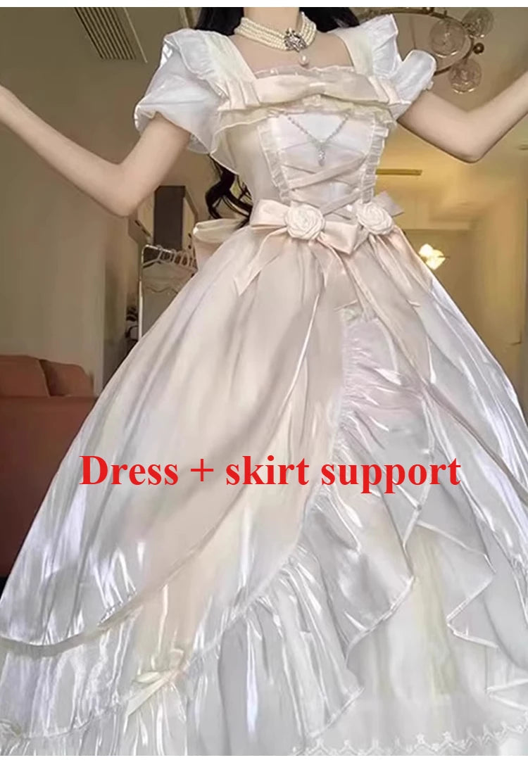 Voguable  Dophee Original Lolita Flower Wedding Evening Dress Women Champagne Color Princess Dress Elegant Short Sleeve Bride's Dress voguable