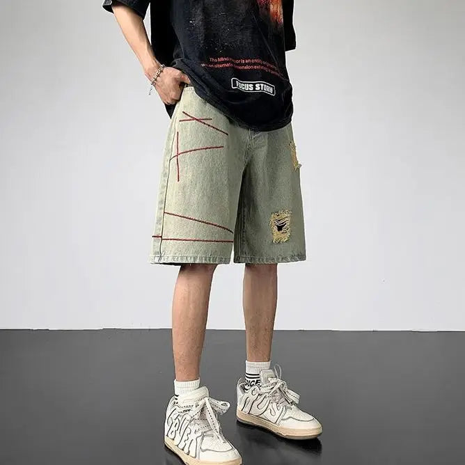 Voguable  Men Five-point Ripped Summer Thin Style Wear New Versatile Loose Denim Shorts voguable