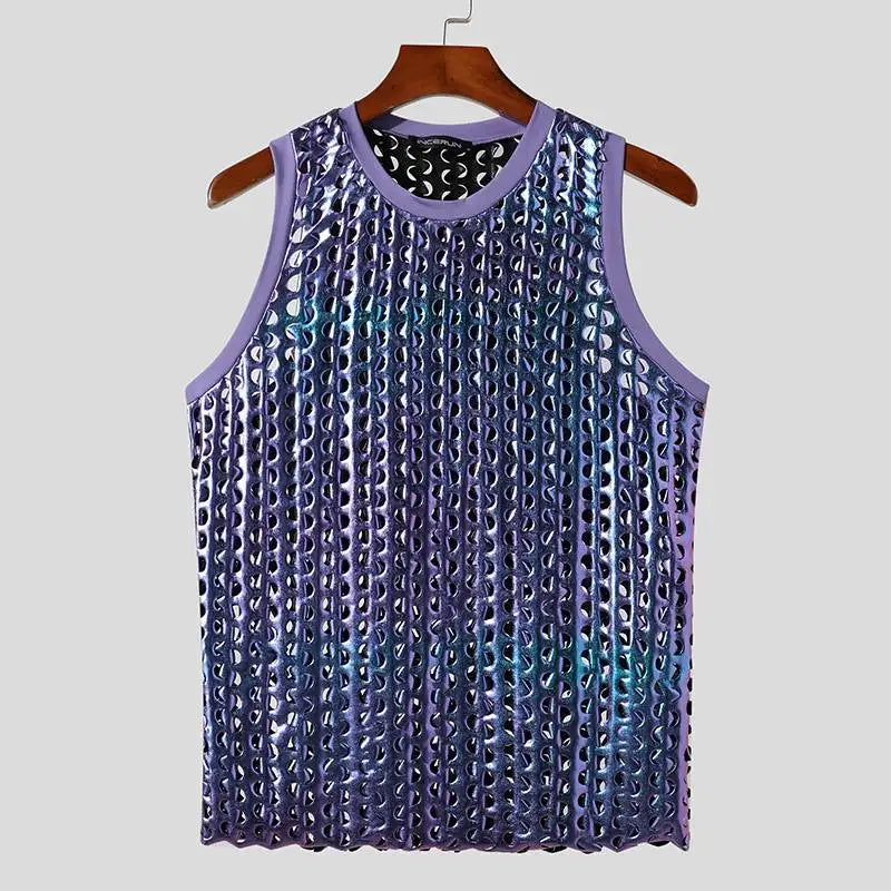 Men Tank Tops Sparkling O-neck Sleeveless Streetwear Hollow Out Vests Summer Sexy Fashion Party Men Clothing S-5XL voguable