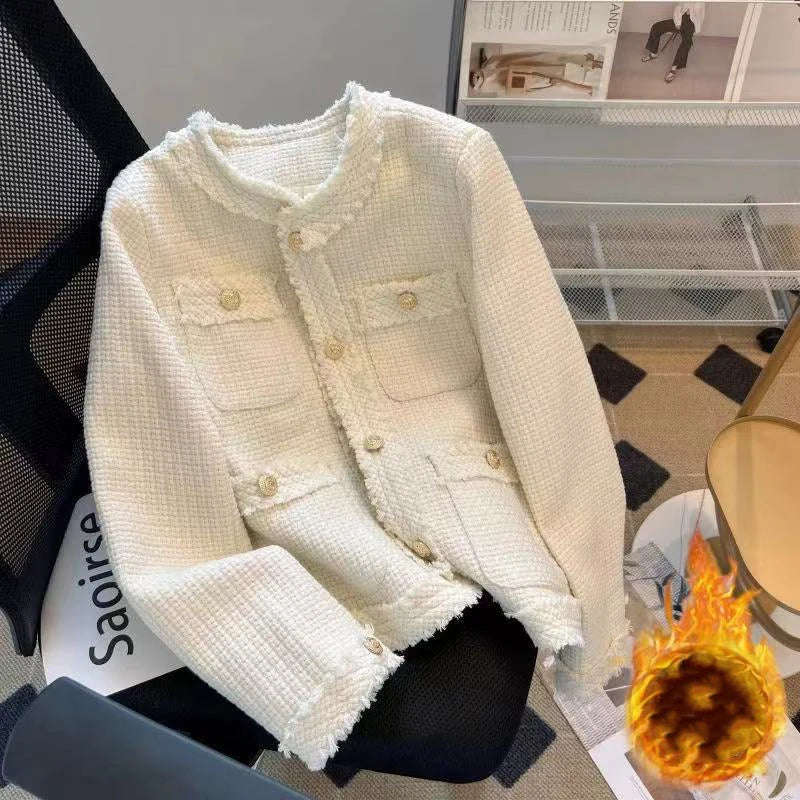 Fashion Tweed Jacket Women Winter Thick Warm Single Breasted O Neck Coats Korean Elegant Office Lady All Match Outwear Mujer New voguable