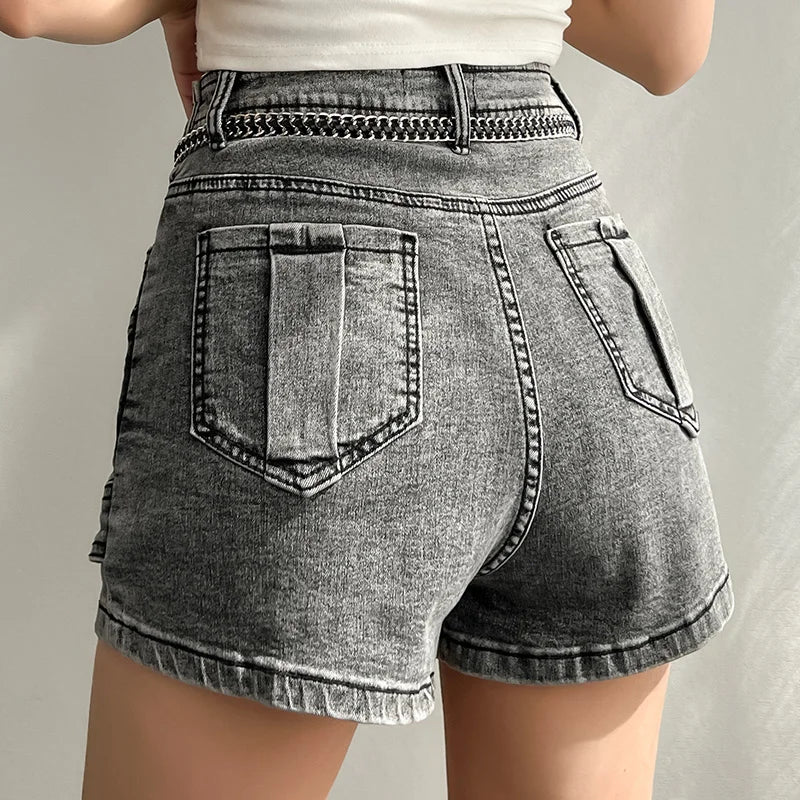 Fashion Women's Denim Skirt New High Waist Irregular Chain Spliced Gray Above Knee Skirts Female Tide Summer