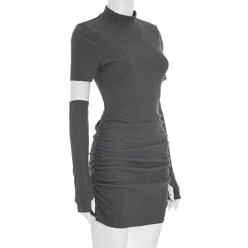 Voguable  New Fashion Half High Neck With Sleeves Slimming Ruched Bodycon Women's Fall Mini Dress Solid Sexy Nightclub Knitted Vestidos voguable