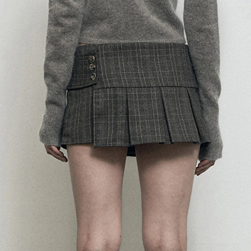 Voguable  Vintage Plaid Print Buttons Irregular Hem Pleated Skirt Khaki Grey Preppy Style Sweet High Waist Mini Skirts Korean voguable