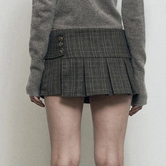 Voguable  Vintage Plaid Print Buttons Irregular Hem Pleated Skirt Khaki Grey Preppy Style Sweet High Waist Mini Skirts Korean voguable