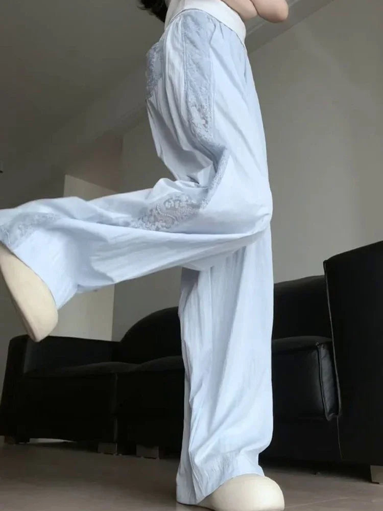 Sweet Lace Patchwork White Pants Y2K High Waist Preppy Thin Wide Leg Pants Korean Chic Loose Jogging Quick Drying Trousers New voguable