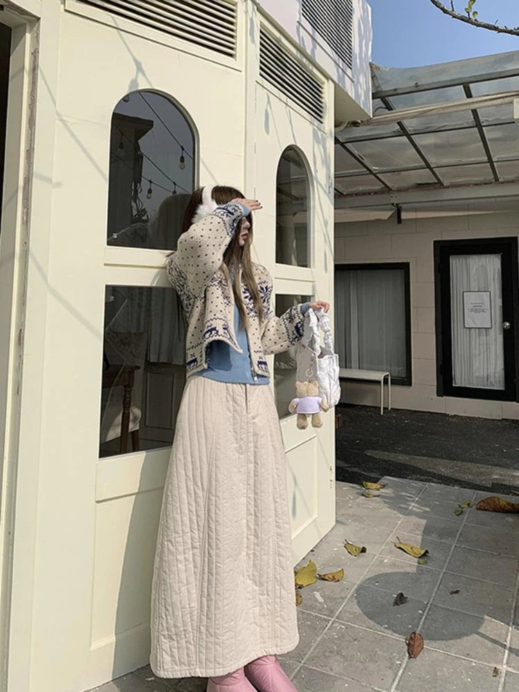 Japanese Style Long Skirt Women Vintage Harajuku Thick Skirt Autumn Winter Solid Streetwear A-line Skirts Aesthetics voguable