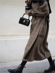 Autumn Winter Long Loose Stylish Warm Plaid Wool Blends Coat Women Sashes Luxury Designer Runway European Fashion voguable