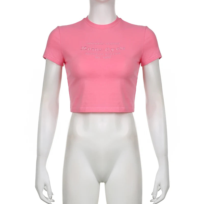 Voguable Letter Embroidery Cropped Top Pink Sweet Aesthetic T Shirt Short Sleeve Casual Tees Korean Fashion Gentle Mature Tops voguable