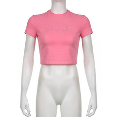 Voguable Letter Embroidery Cropped Top Pink Sweet Aesthetic T Shirt Short Sleeve Casual Tees Korean Fashion Gentle Mature Tops voguable