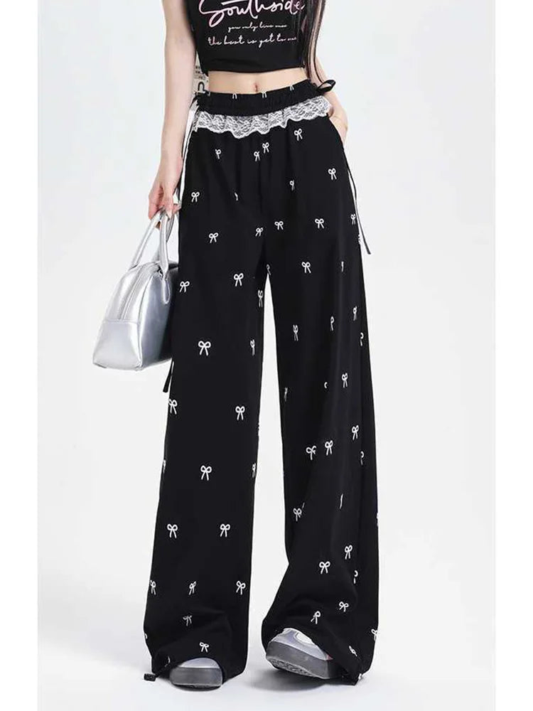 Bow Print Sweet Wide Leg Pant Women Loose Elegant Lace Patchwork Trousers Summer Vintage Cute High Waist Lady Casual Pants voguable