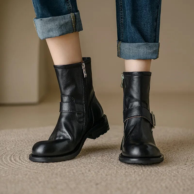 Women Boots Genuine Leather Ankle Boots Autumn Winter Round Toe Side Zipper Office Lady Working Shoes Woman Concise Basic voguable