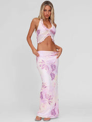 Mesh Print Sexy Skirt Two Piece Set Women Fashion Halter Tank Tops And Maxi Skirt Female Elegant Printed 2 Piece Set voguable