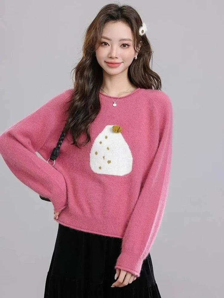 Chic Print Sweet Sweaters Women Casual Preppy Style Cute O Neck Pullover Loose Long Sleeve Fashion Fall Winter Korean Jumper New voguable