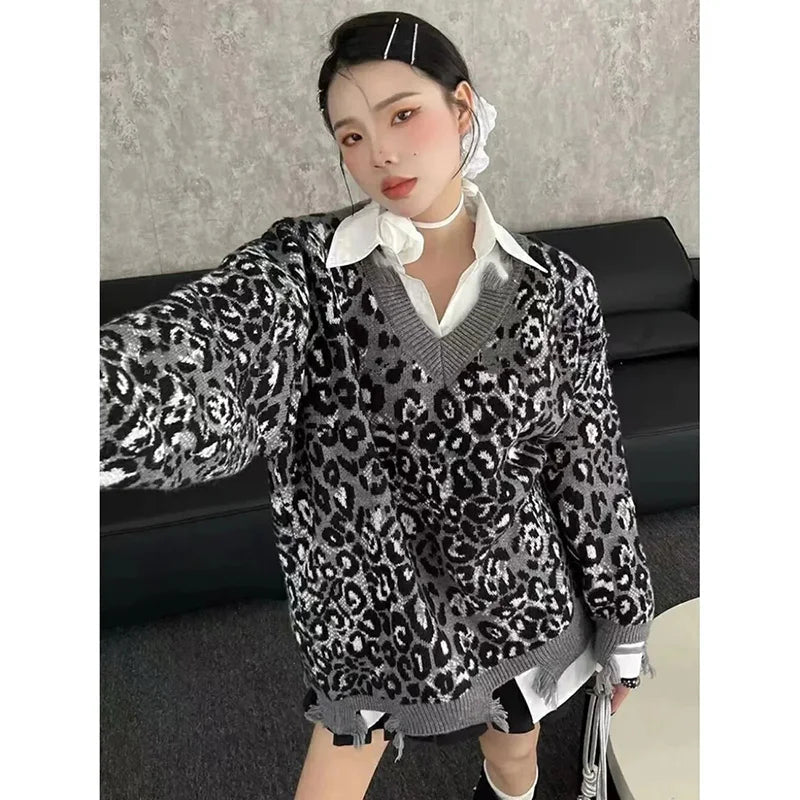 Hip Hop Hole Leopard Sweater Women Loose Streetwear Lazy Wind Y2K Knitted Jumper American Harajuku Vintage Long Sleeve Tops voguable