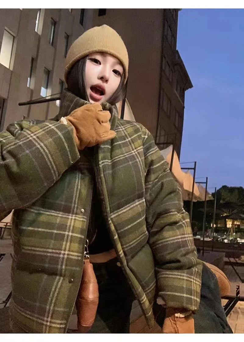 Retro Streetwear Y2K Plaid Parkas Women Winter Warm Thick Hip Hop Cotton Coat American Harajuku Stand Collar Bf Vintage Jacket voguable