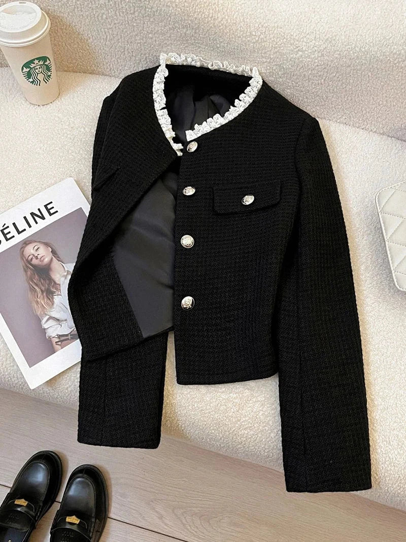Black Slim Elegant Tweed Jacket Women Vintage Lace Patchwork Long Sleeve Sweet Coat Fall Winter French Casual Retro Tops voguable