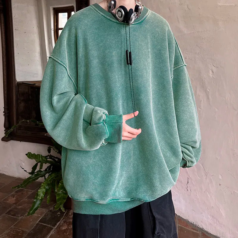 American Washed Old Pullovers Sweatshirts Men Loose Solid Color Autumn Large Size Warm O Neck Tops Hip Hop Y2k Sweatshirt voguable