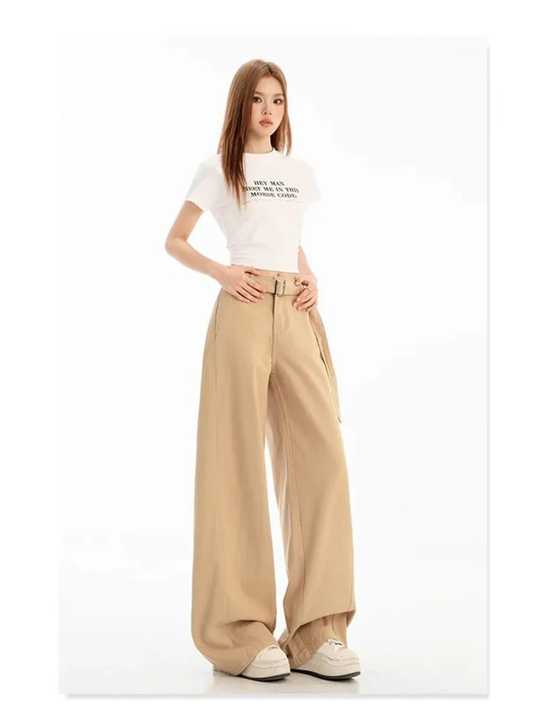 Belt Retro Khaki Jeans Women Y2K High Waist Loose Streetwear Denim Pants Casual American Vintage Autumn Wide Leg Trousers voguable