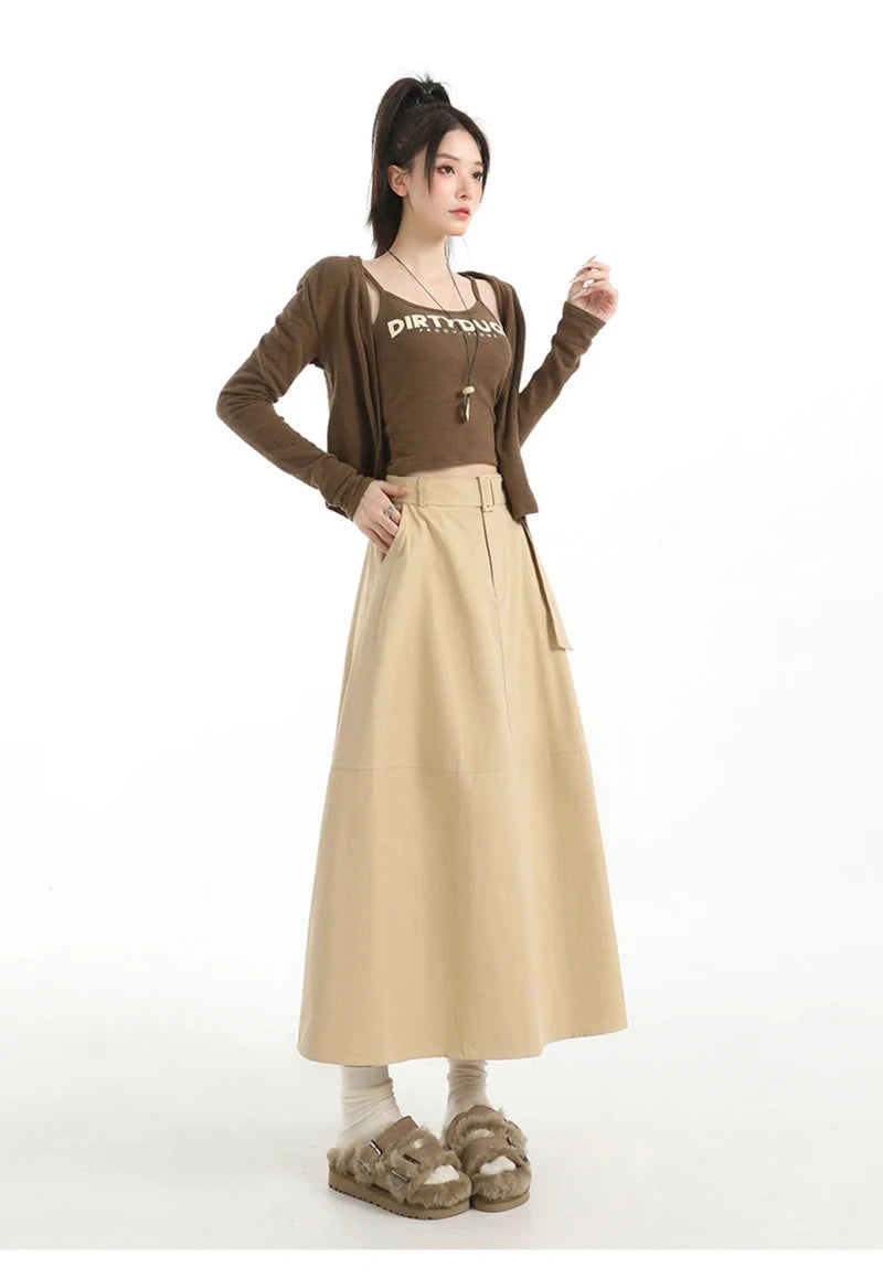 Retro Belt Long Skirt Women Casual Sweet High Waist A Line Skirts Preppy Style Fall Winter Lady Korean Vintage Long Skirts voguable