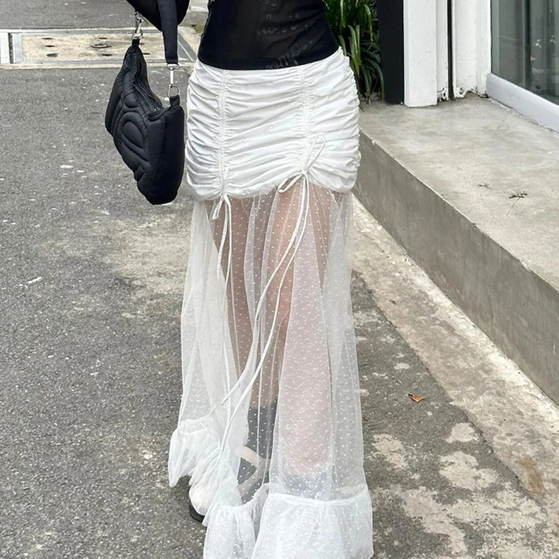 Voguable Sexy Pleated Drawstring  See Through Mesh Patchwork Long Skirt White Fairycore Aesthetic Ruffle-line Maxi Skirts Korean voguable