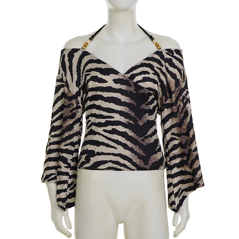 Voguable  Fashion Leopard Printing T-shirts Bead Halter Off Shouler V Neck Flare Sleeve Loose Fit Female Tie Up Sexy Ladies Tops Clothes voguable