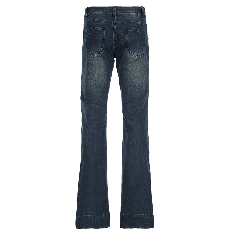 Blue Low Rise Flare Jeans Vintage 2000s Slim-fitting Denim Pants Korean Style Women Trousers y2k Distressed Mom Jeans 90s voguable