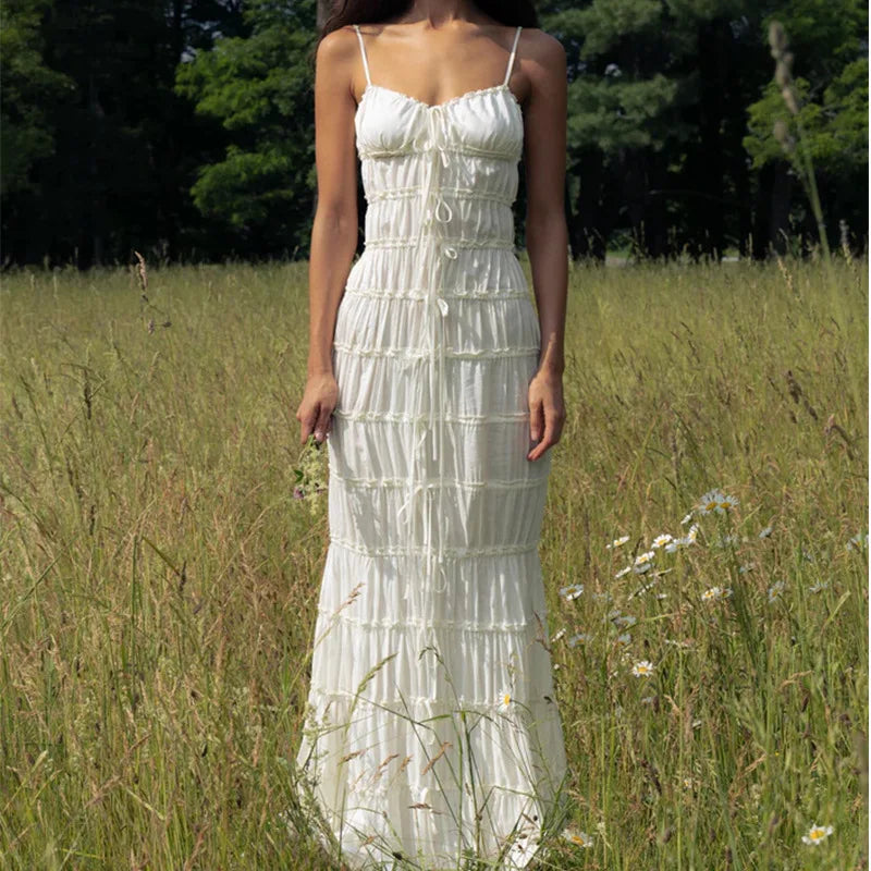 New Summer Chiffon Beige Solid Color Lace-ups Slim Slip Dress Ruffle Chic Party Beach Fashion Long Dress For Women voguable