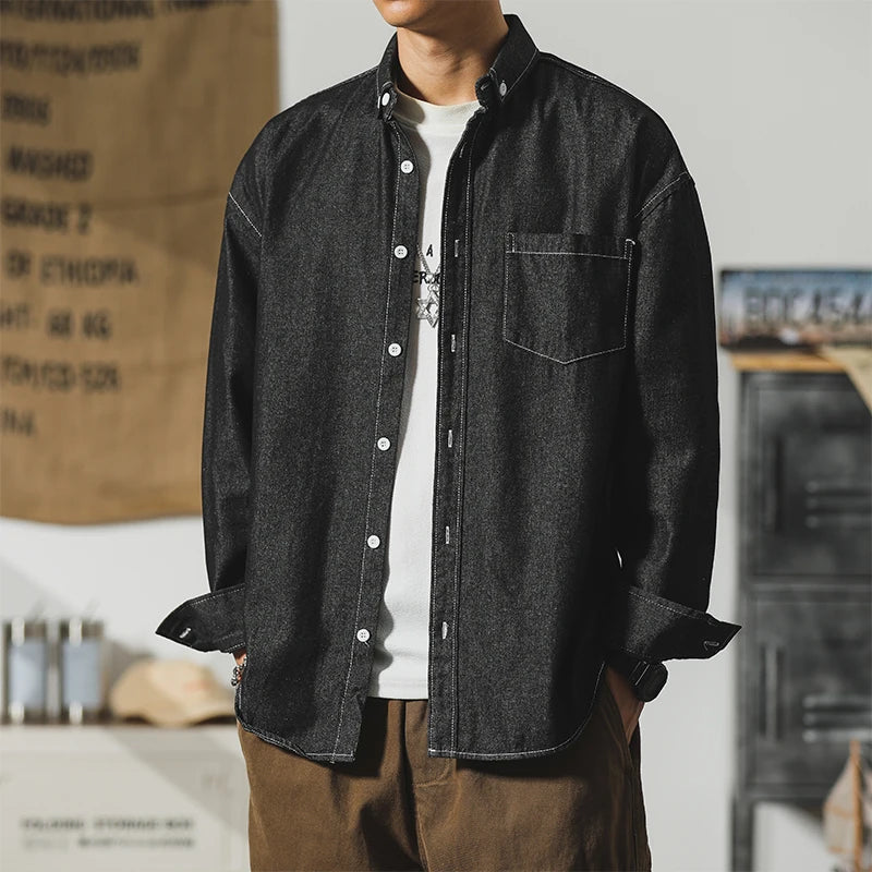 Autumn New Men's Long Sleeve Denim Shirt Classic Black Blue Loose Lapel Collar Coats Fashion Korean High Street Male Clothes Top voguable
